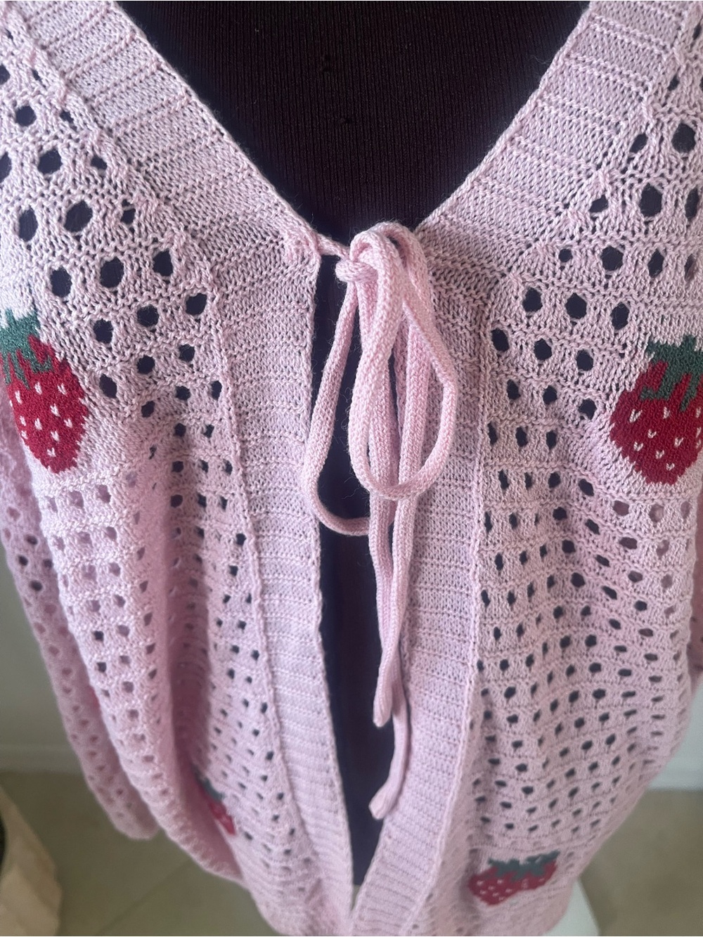 BloomChic Pink Crochet Tie-Front Strawberry Cardigan cozy sweater - Picture 4 of 7